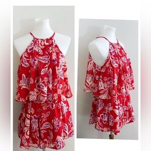 Fate Red & White Tiered Floral Romper Open Back